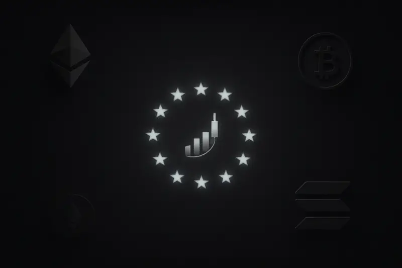 A dark map of Europe with a ring of glowing stars around a luminous candlestick spring, with subtle circuit lines on black.