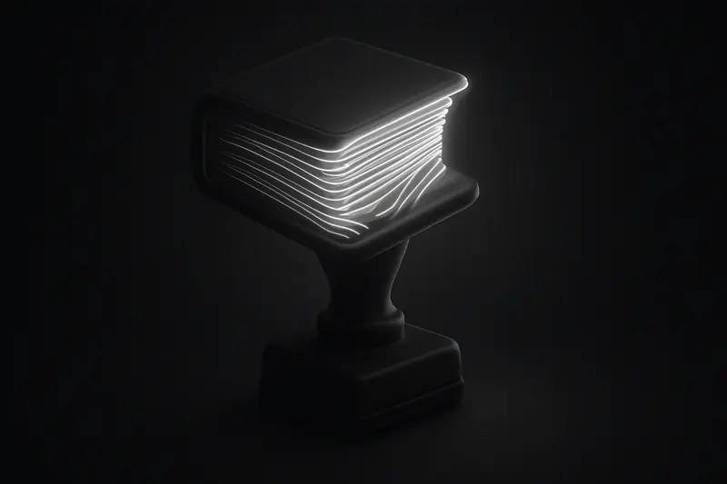 A dark background with a luminous spreadsheet grid spilling bright numbers into an oversized metallic tax stamp casting heavy shadows.