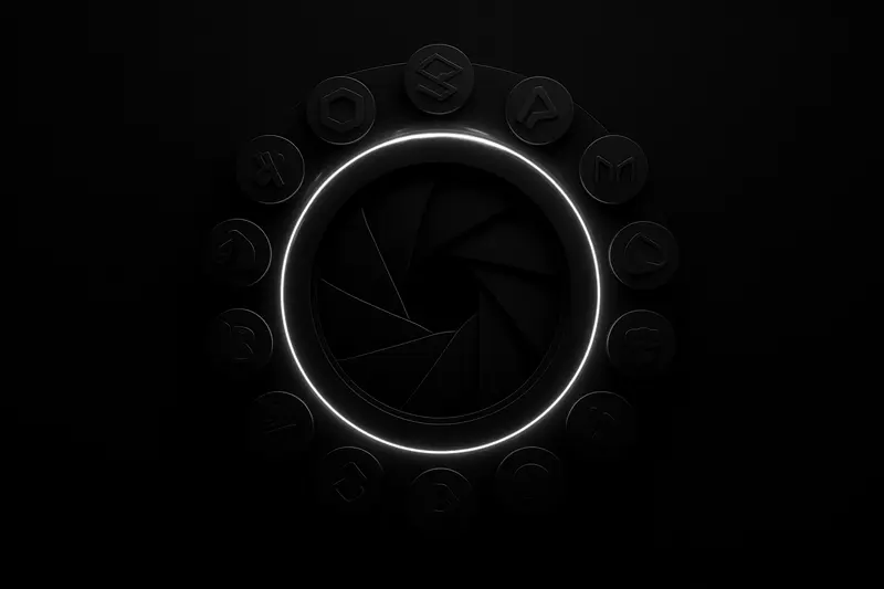 Dark cover with a circular ring of small glowing coin-like discs fading as a metallic iris shutter closes inward.