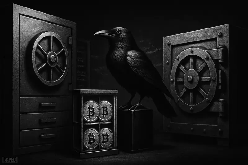 Two rival vaults face off in a dark grayscale scene while a raven inspects guarded bitcoin reserves in a moody institutional setting.