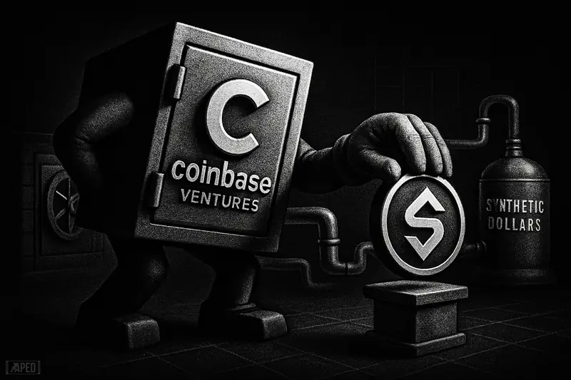 A grayscale cinematic vault-machine reaches to acquire a glowing medallion as DeFi channels connect two dark financial structures.