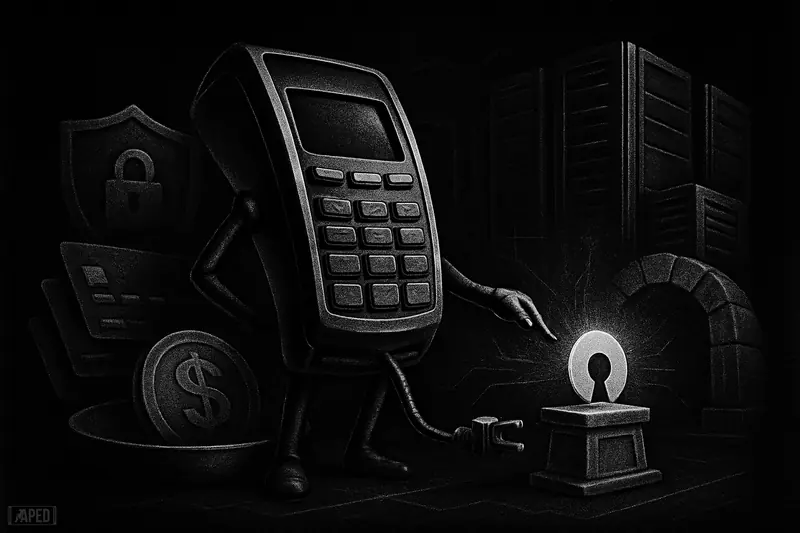 A futuristic payment machine links to an open server hub, surrounded by cloud, card, and enterprise infrastructure in a dark grayscale scene.