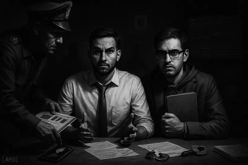 Caricature of two crypto founders questioned by police at an interrogation table, with broken security props and a dark data-grid backdrop.