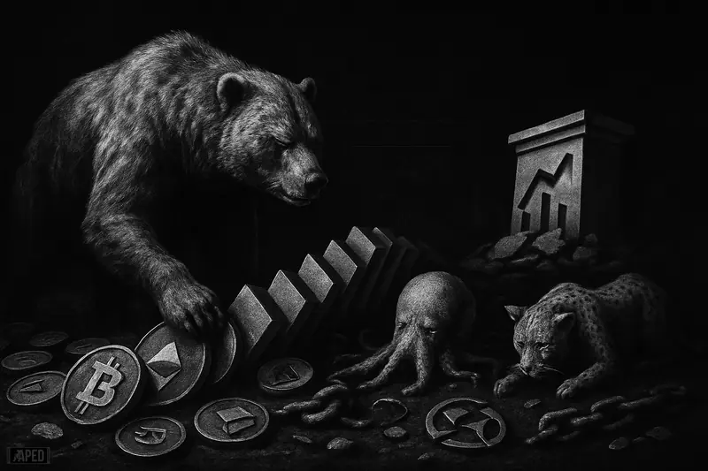 A grim bear advances through falling crypto symbols and collapsing structures in a dark grayscale scene of broad market decline.