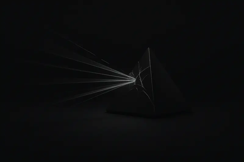 A single neon beam hits a cracked black prism, splitting into dim colored rays on a dark background.