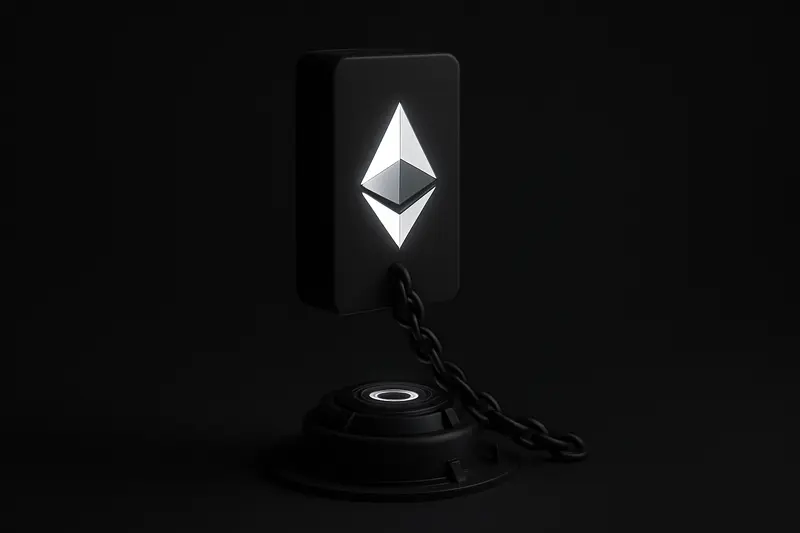A towering glowing Ethereum-shaped crystal linked by dark chains to a circular reactor emitting blue energy on black.