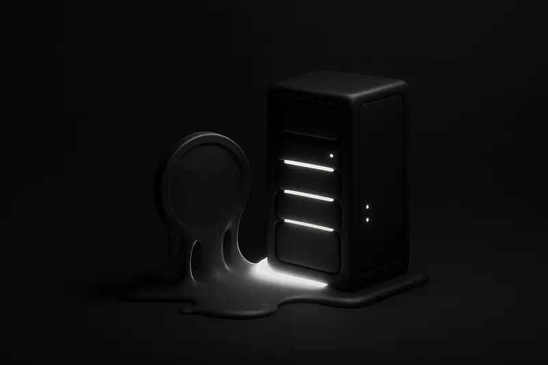 A dark bitcoin-like coin dissolves into liquid gold that flows into a luminous AI server rack on black background.