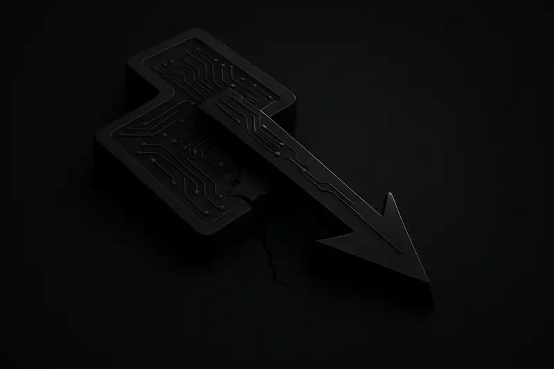 Cracked glowing circuit board splits into a sharp downward arrow, with faint server-rack silhouettes on a dark background.