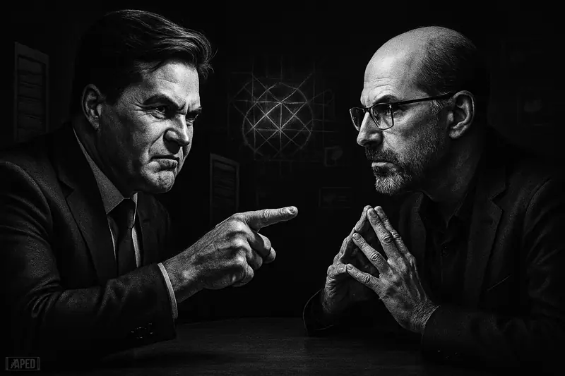 Craig Wright and David Schwartz confront each other in a moody grayscale tech setting with ledger structures and a dark data-grid backdrop.