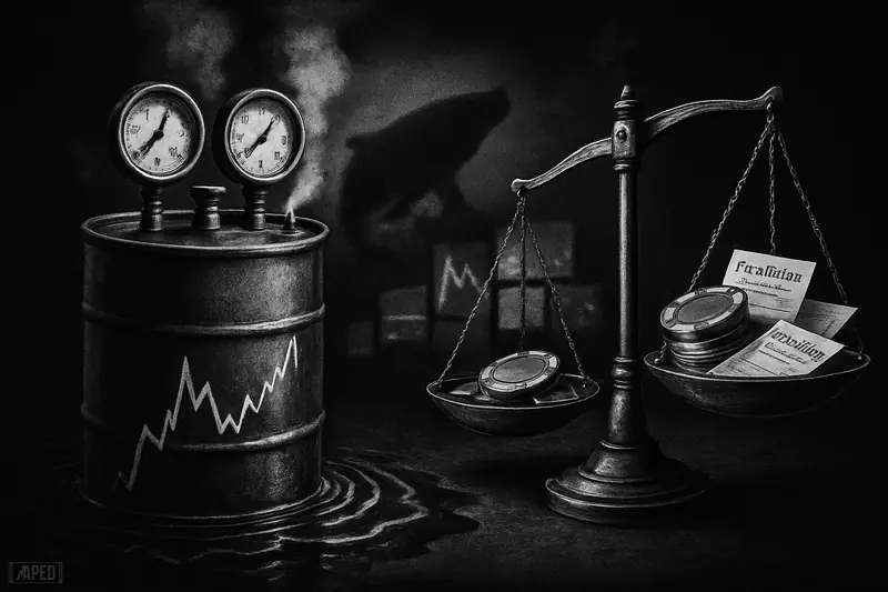 A giant oil barrel machine and tipped scale dominate a dark grayscale market scene, evoking a resolved oil prediction and crypto spillover.