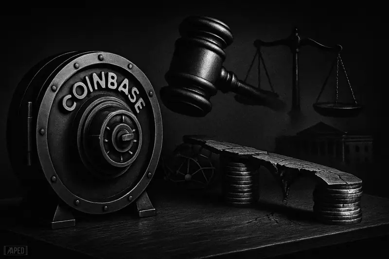 A grayscale crypto vault faces a falling gavel and unstable scales before a dark government building, suggesting fragile regulatory negotiations.