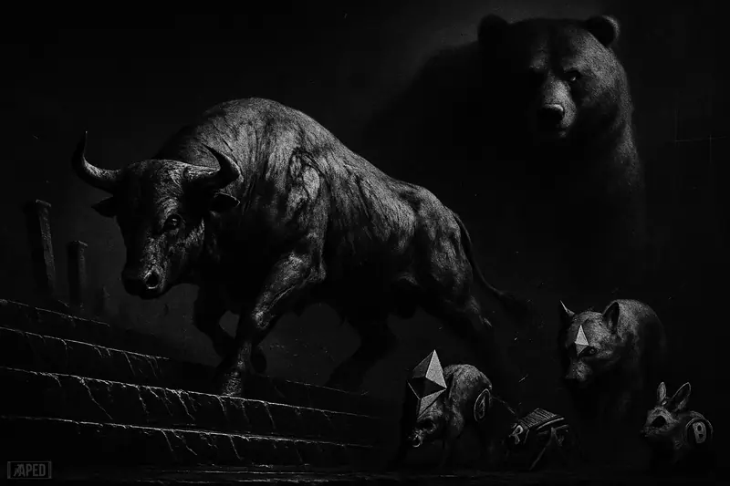 A weary bull climbs six cracked steps while a shadowy bear watches over a dark crypto market scene in stark black and white.