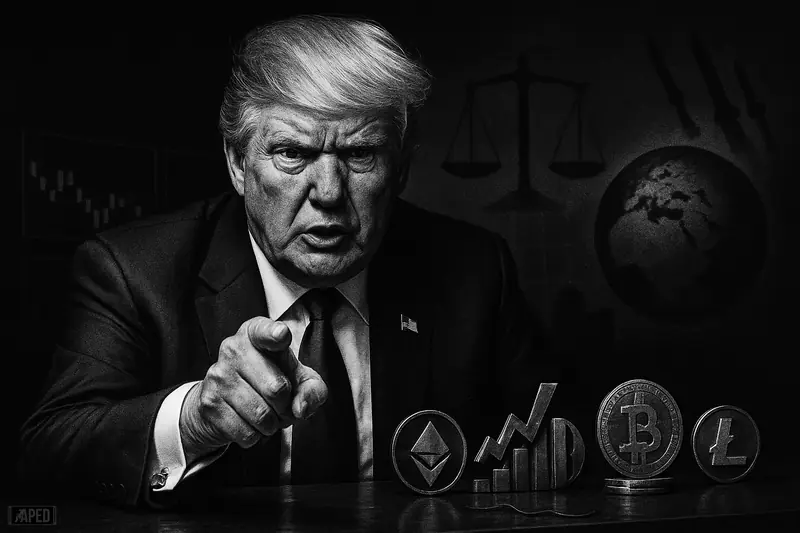 Donald Trump, rendered as a photorealistic caricature, gestures sternly before falling crypto symbols and geopolitical warning imagery in a dark grayscale scene.