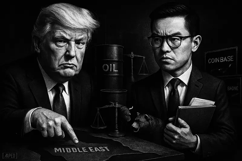 Trump and David Duong stand in a dark financial crisis scene with oil barrels, market symbols, and a faint data-grid backdrop.