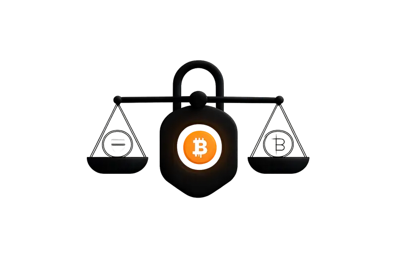 A luminous coin surrounded by a dark padlock and a metallic balance scale, floating over faint circuit lines on black.