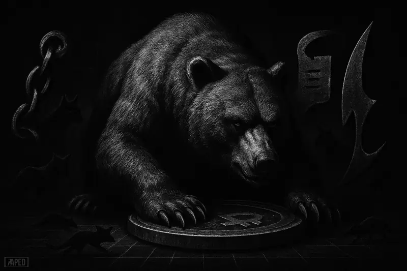 A giant bearish creature pins a metallic disk while dark derivative shapes tighten around it in a moody grayscale financial scene.