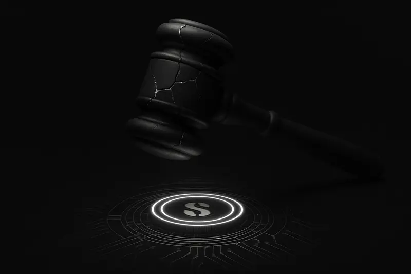 Cracked marble gavel floating over a luminous circular coin-like ring and neon circuit lines on a dark background