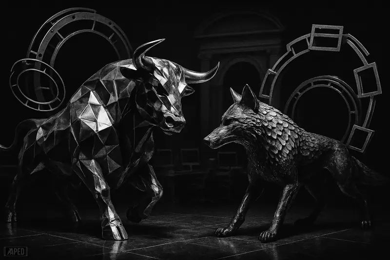 A crystal bull and metallic wolf confront each other on a dark exchange floor surrounded by mechanical derivatives structures and institutional trading architecture.
