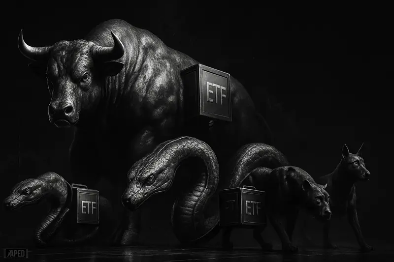 Four symbolic finance beasts flank a powerful bull, a drooping serpent-dragon, and two smaller predators in a dark grayscale market scene.