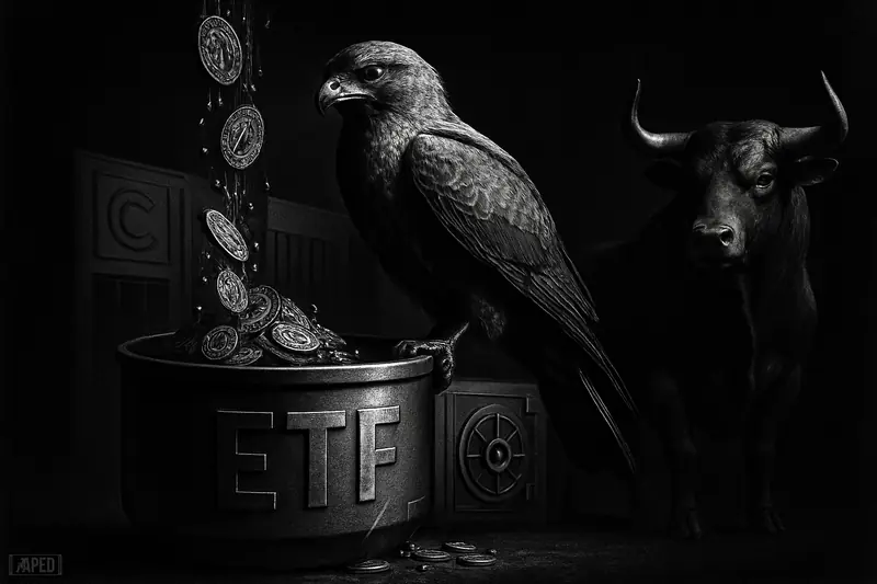 A grayscale financial vessel fills slowly beneath a stern hawk, with a restrained bull and dark institutional crypto market backdrop.