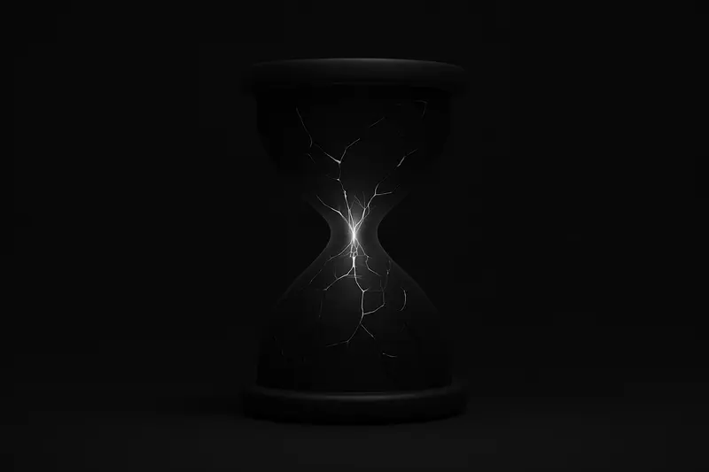 A dark hourglass with a fractured glass shell, containing a bright golden core floating above a black, smoky background.