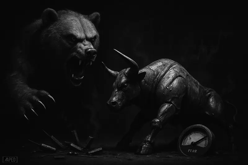 A snarling bear looms over a dented mechanical bull that begins to rise in a dark grayscale market scene.