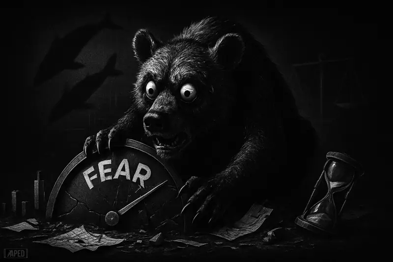 A panicked bear claws a collapsed market gauge amid broken charts and diving whale shadows in a dark grayscale financial scene.