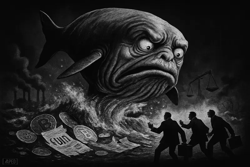 A distressed whale crashes through a dark sea of broken crypto symbols as suited investors retreat under ominous macro and geopolitical shadows.
