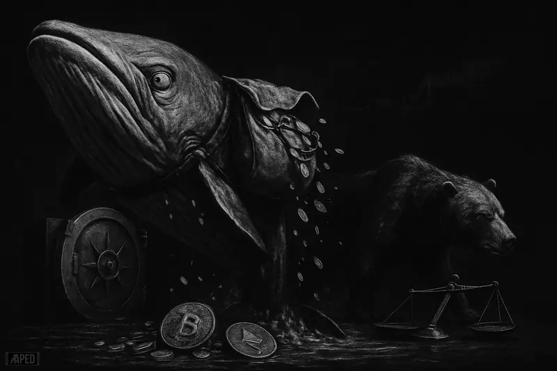 A distressed whale spills crypto-like assets as a bear prowls nearby, with an open vault and stormy dark grid behind.