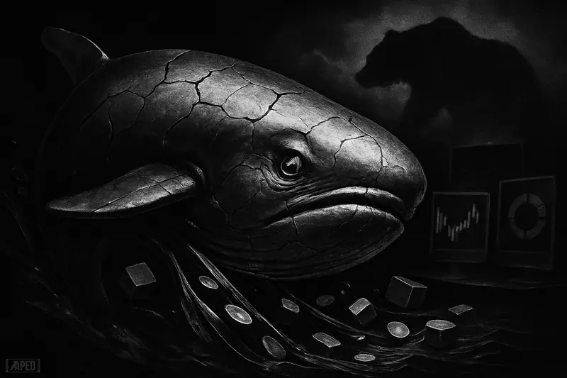 A metallic whale plunges into dark waters as assets stream away, with bearish market signals and stormy risk sentiment behind it.
