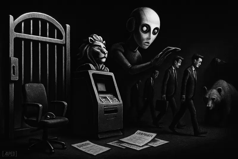 A steel gate, exchange symbols, empty office chairs, an AI machine, and a shadowy bear in a dark grayscale financial scene.