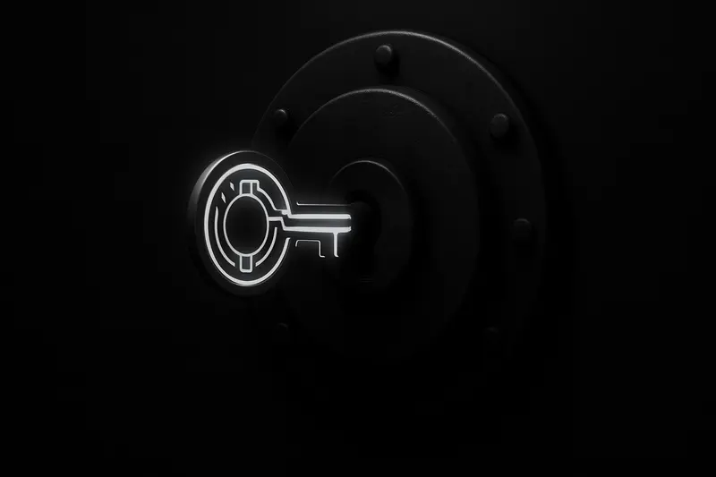 Glowing neon circuit-board key stuck in a corroded metal vault lock, with faint red warning lights on a black background.