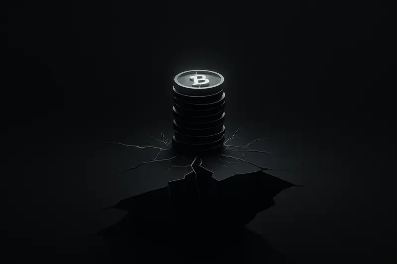 A towering stack of glowing coins teeters on fractured black glass above a deep void, with red warning lines beneath.
