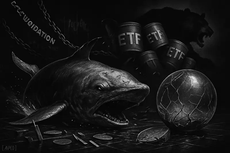 A giant wounded whale, cracked glass sphere, and shadow bear dominate a dark grayscale scene of cascading crypto market liquidation.