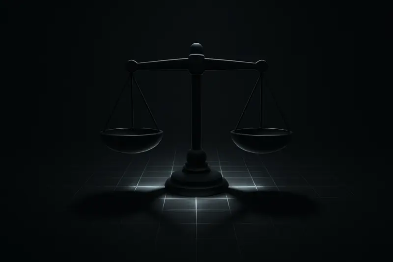 A dark balance scale split in two, hovering above a neon trading grid with two opposing shadowed halves on black.