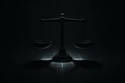 A dark balance scale split in two, hovering above a neon trading grid with two opposing shadowed halves on black.