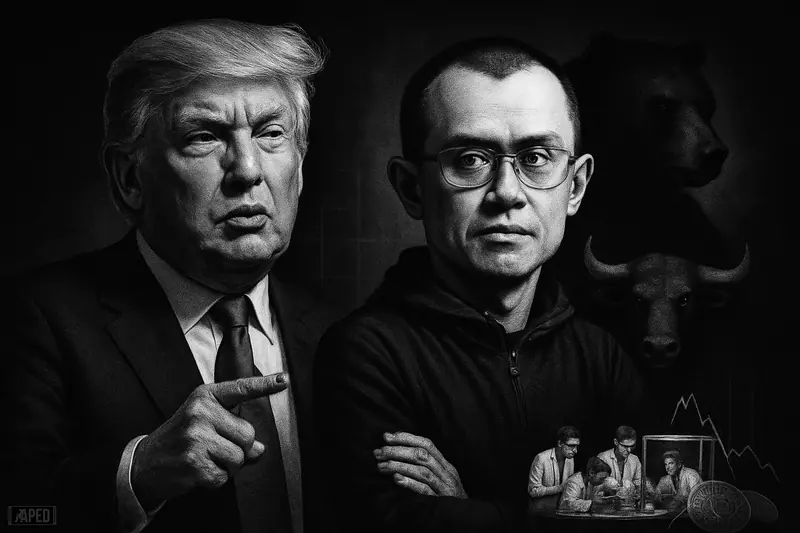 Trump and CZ stand tensely in a dark trading-floor scene as bull, bear, and researchers signal conflicted crypto market sentiment.