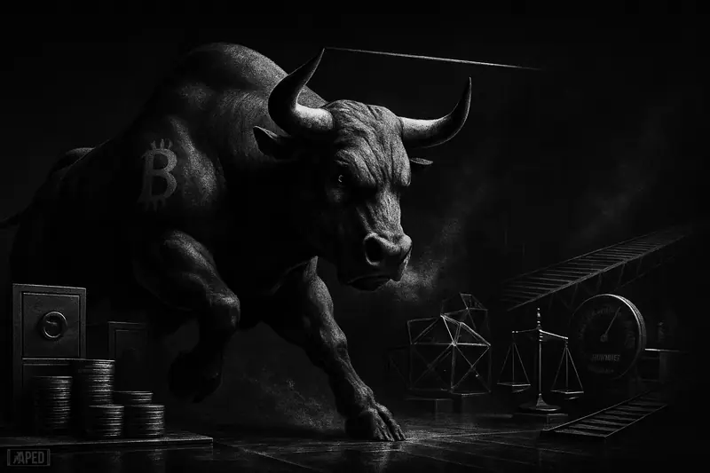 A monochrome bitcoin bull stalls beneath an unseen ceiling while sparse exchange machinery and macro symbols suggest thin liquidity and CPI anxiety.