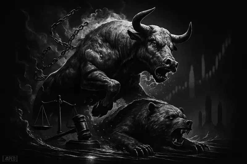 A powerful grayscale bull surges upward as a defeated bear is dragged back, with ominous macro and geopolitical symbols in a dark grid backdrop.