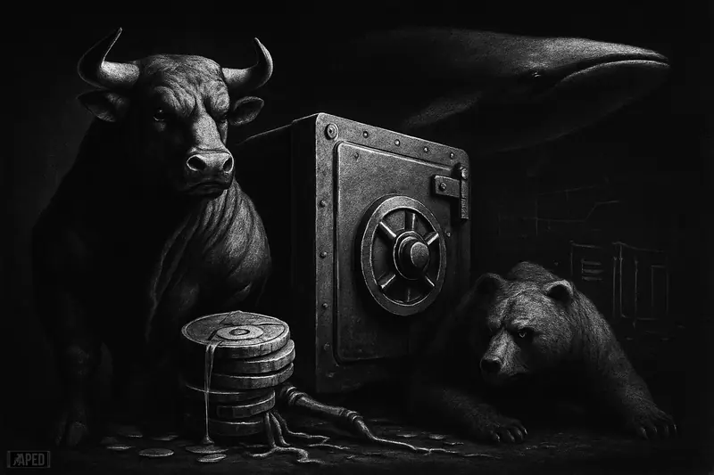 A grayscale bull, bear, vault-like wallet, leaking liquidity pipes, and looming whale face off in a dark split-market crypto scene.
