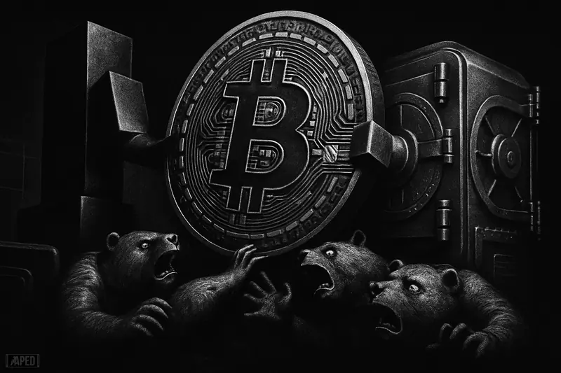 A giant bitcoin is hoisted by institutional machines while shadowy bears are crushed backward in a dark grayscale financial scene.