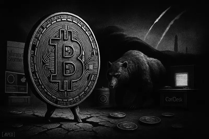 A giant bitcoin-like coin resists a collapsing crypto market as oil surges and dark geopolitical tension looms in a grayscale financial scene.