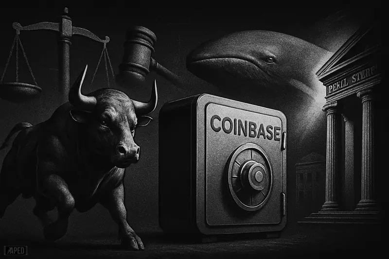 A metallic bull and exchange vault push through dark regulatory symbols as a whale looms behind in a stark grayscale financial scene.