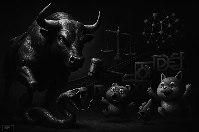 A steel bull surges forward as a battered serpent slumps nearby, with memecoin mascots, DeFi machinery, and regulatory symbols in a dark grayscale scene.
