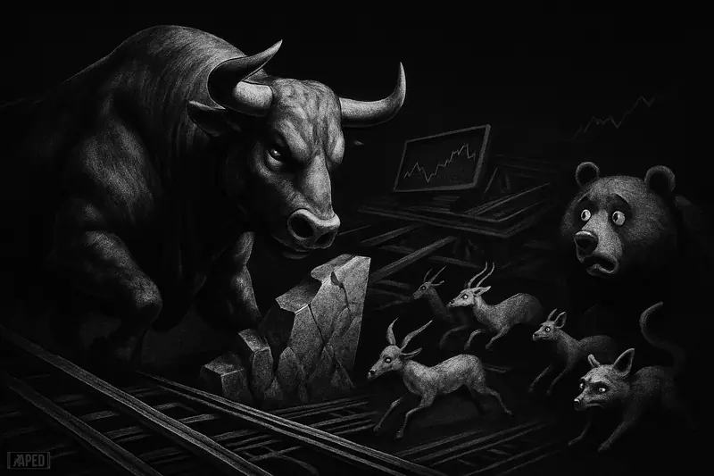 A monochrome bull strains against a barrier as a squeezed bear recoils, with fragmented exchange motifs and layered network structures behind.