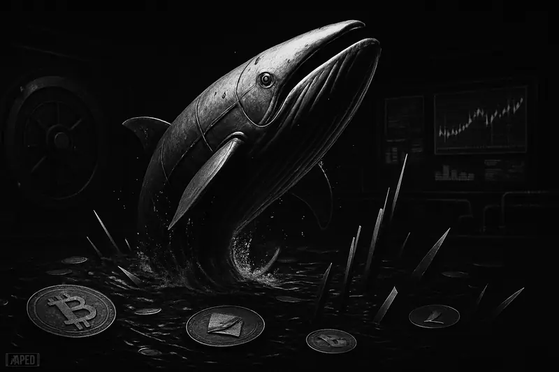 A giant metallic whale rises over crypto tokens in a dark trading scene, with exchange props and breakout shapes under moody grayscale lighting.
