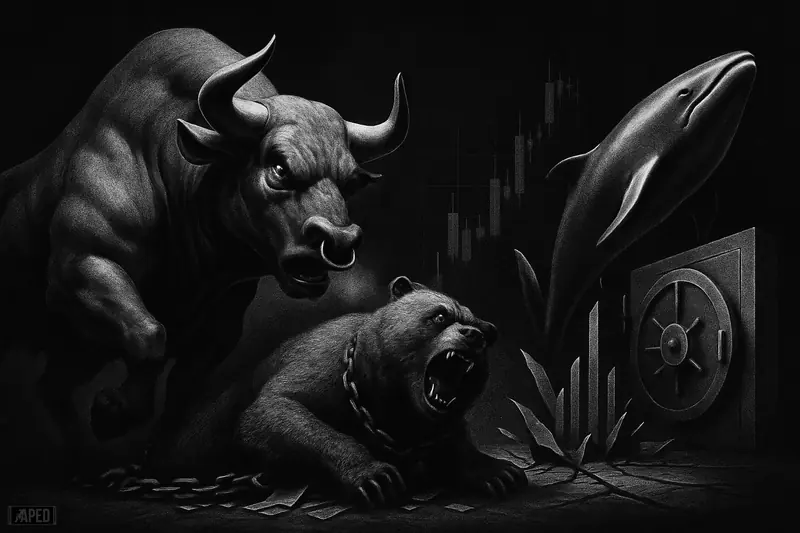 A muscular bull charges as a bear recoils amid shattered chains and market debris in a dark grayscale financial battlefield.