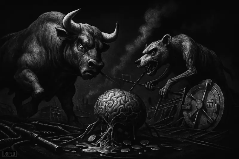 A giant bull and mechanical bear pull opposite directions over broken market pipes beside a cracked network creature in a dark grayscale trading scene.