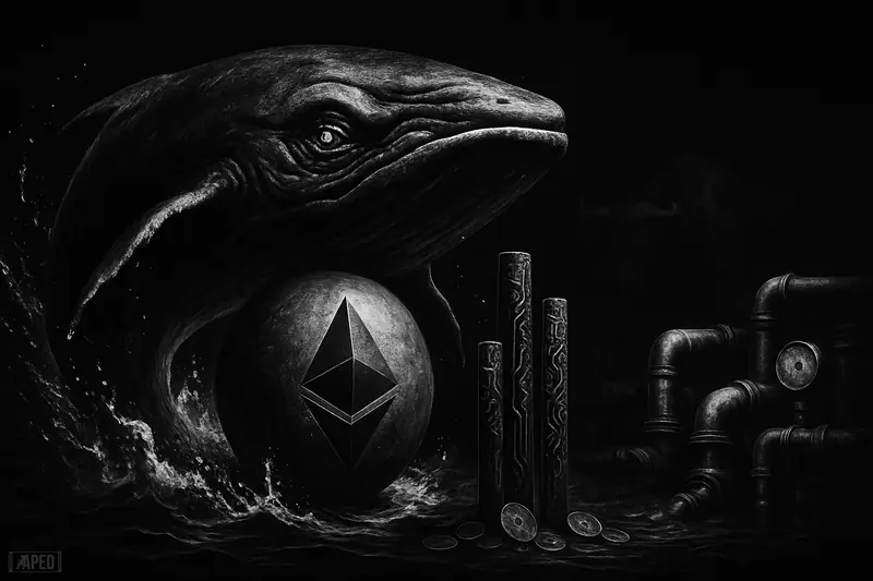 A giant grayscale whale coils around a dark crypto orb as leaking pipes and neural towers suggest profit-taking, liquidity stress, and market tension.