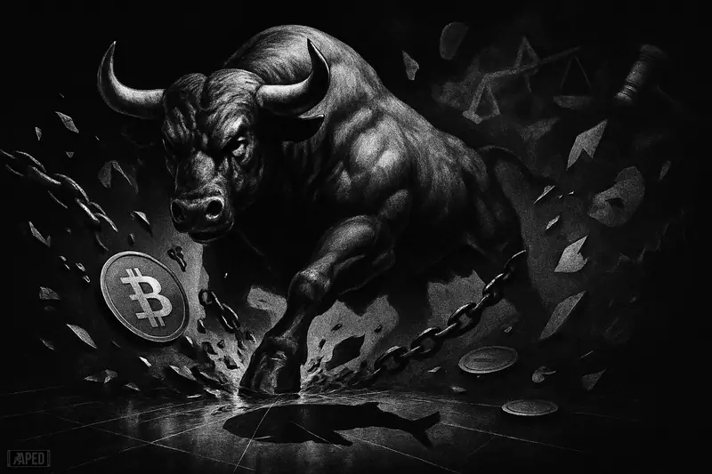 A fierce exaggerated bull charges across a dark trading floor as crypto symbols swirl around it in a moody grayscale market scene.